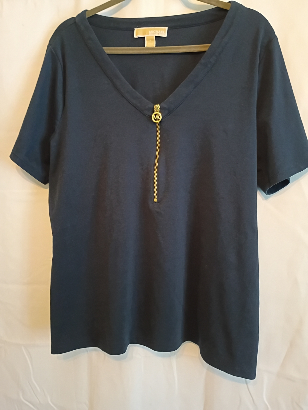 Michael Kors Navy Short Sleeve V-Neck Tee with Gold Zip Pull